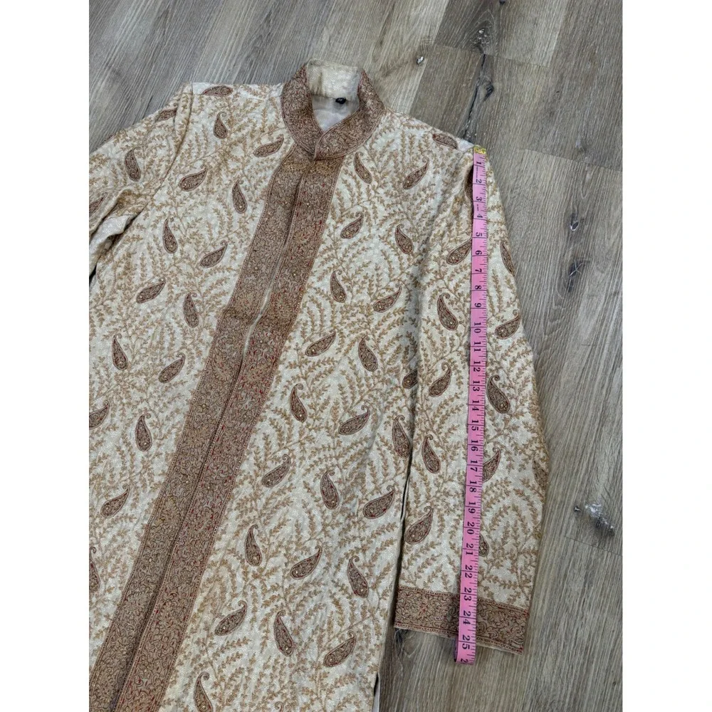 Sherwani Long Coat Mens 38 Cream Gold Paisley Embroidered Bollywood Desi Groom